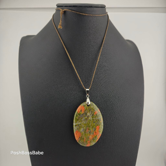 Unikite Carved Drop Pendant Natural Stone 2 inches on 24 inch Brown Cord - Picture 1 of 7